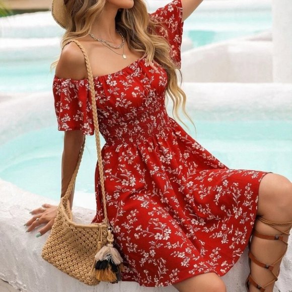 Boho Red Off Shoulder Floral Print Waist Dress